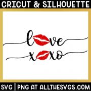 cursive valentine phrases with lips in place of o in love, xoxo