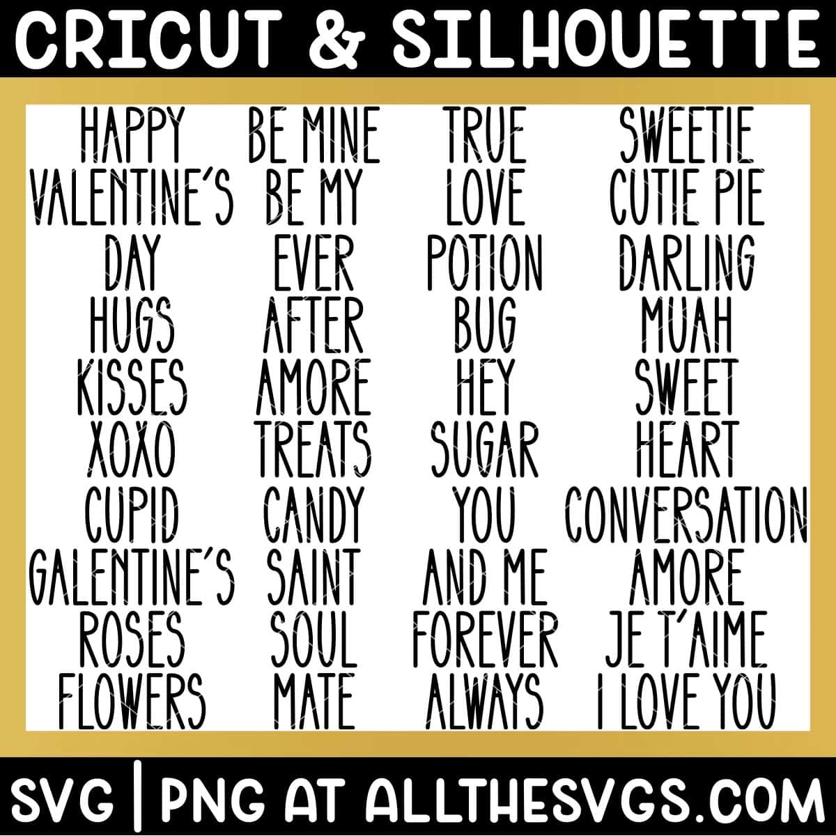 valentine's day words in popular rae dunn style handwritten caps.
