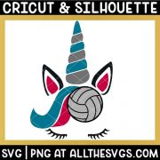 volleyball unicorn svg png with blue, silver horn, cool hair, pointed ears, closed eyelashes.