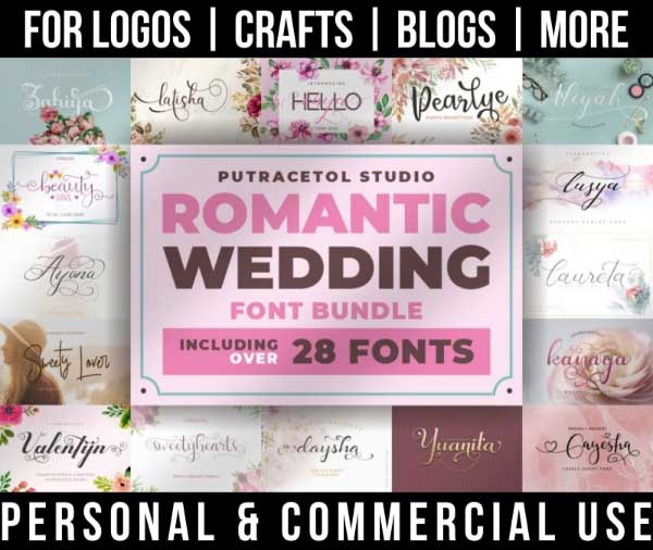 wedding font bundle with 28+ romantic fonts for commercial use.